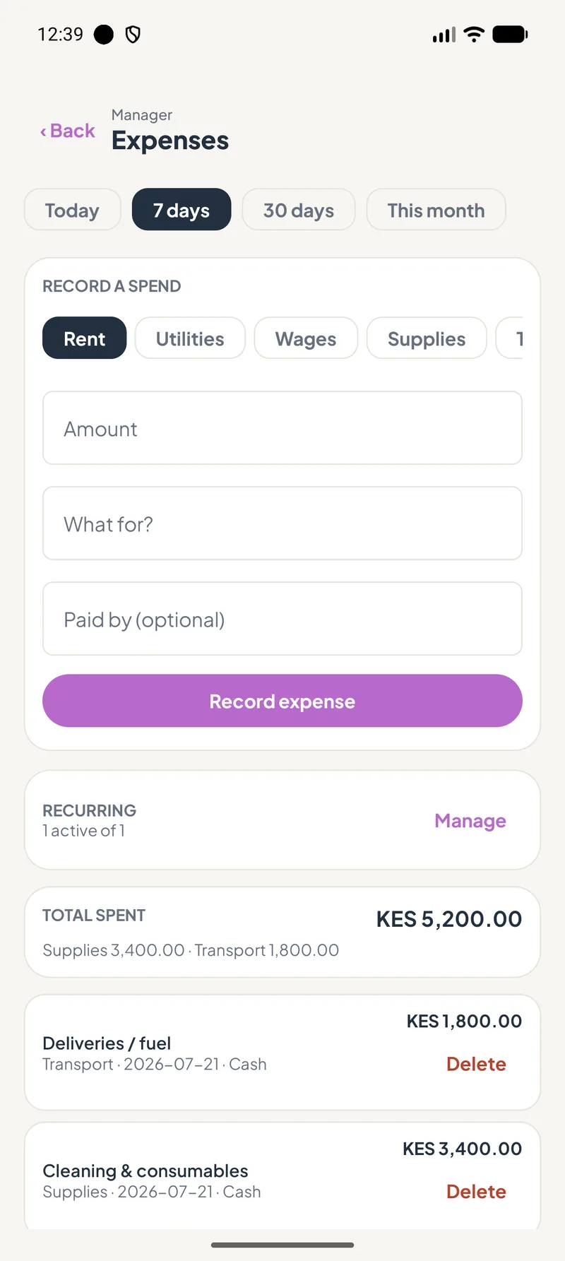 Record expenses anywhere; recurring bills post themselves