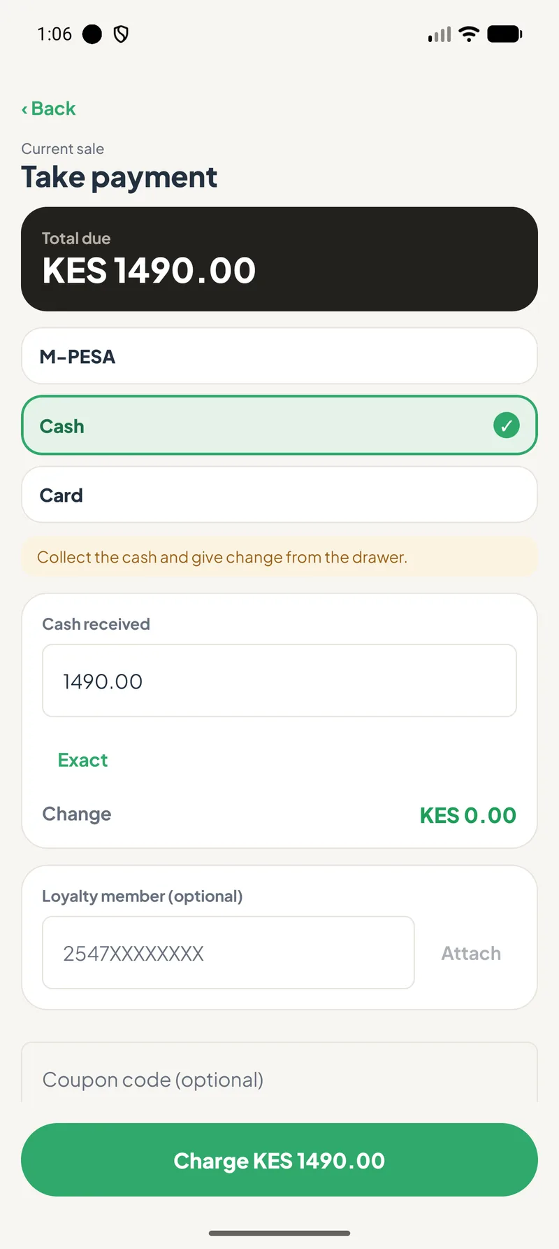 Take payment on the handheld: M-Pesa, cash or card