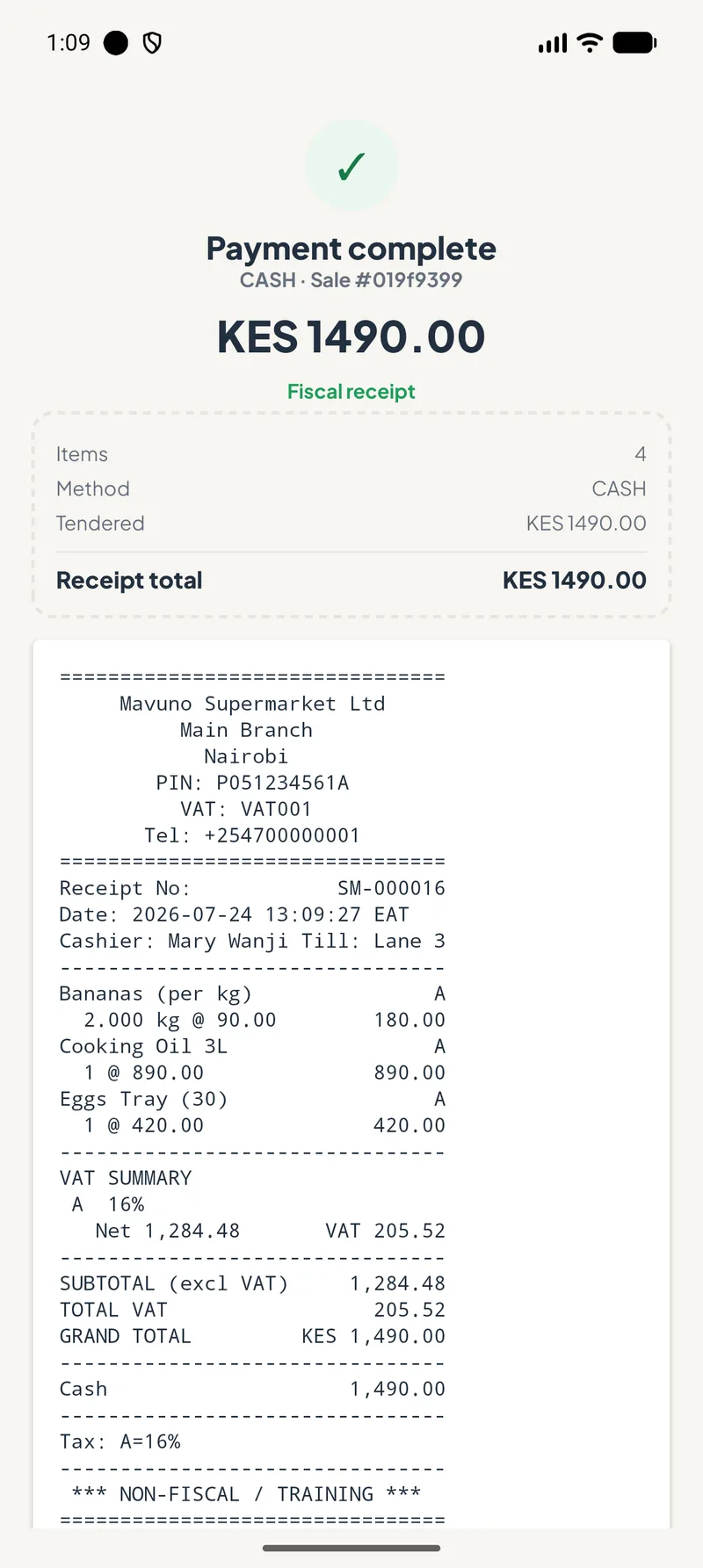 Fiscal receipt on the phone — reprint any time