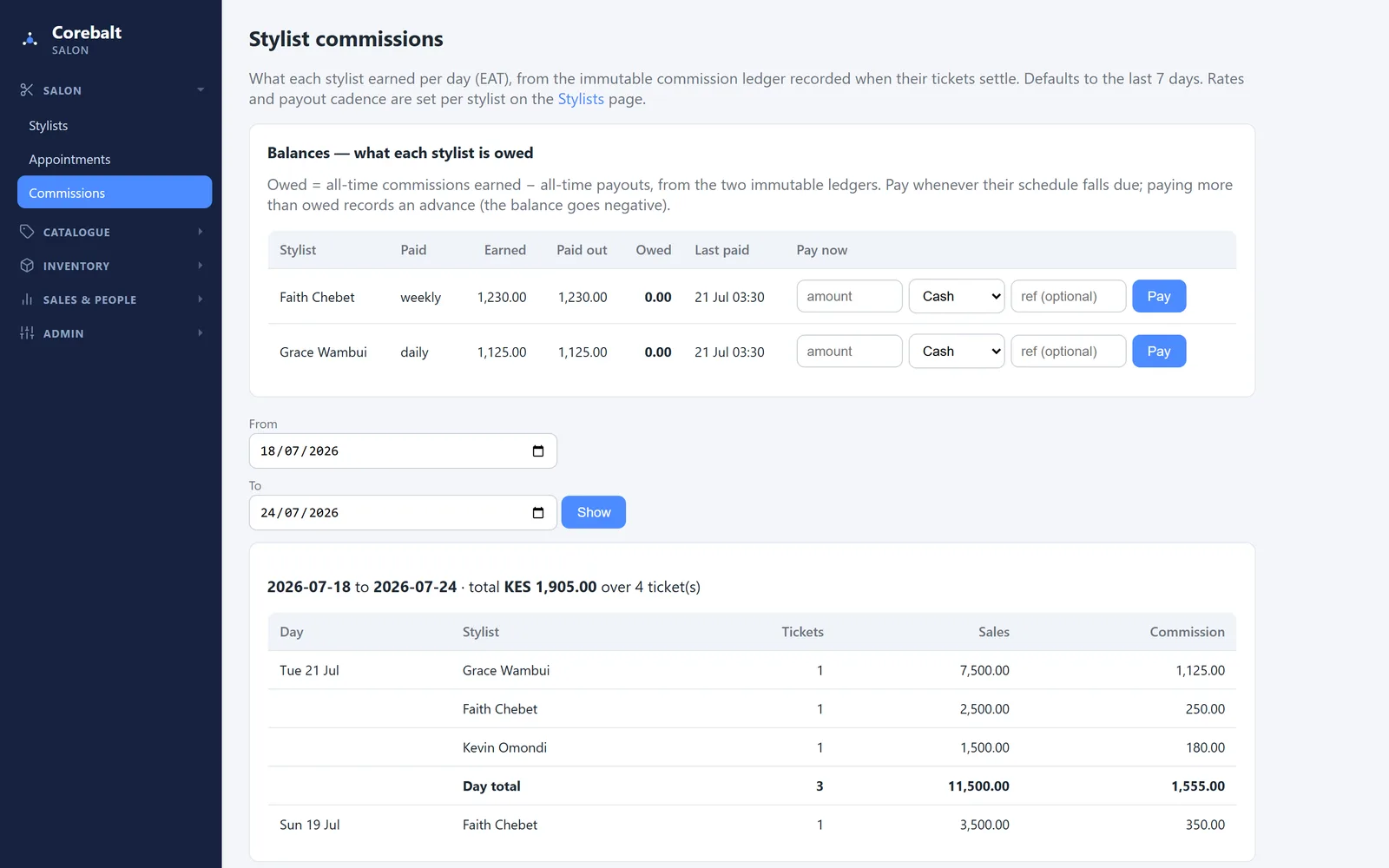 Stylist balances, payouts and daily commissions