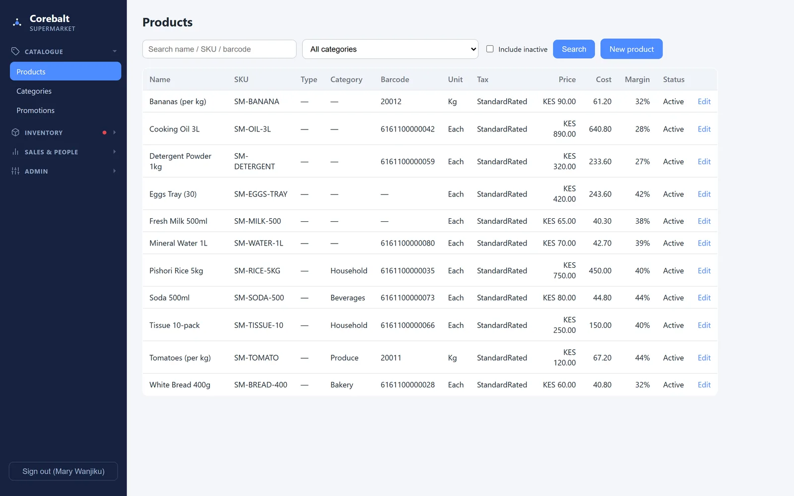 Products, prices and margins in the back office