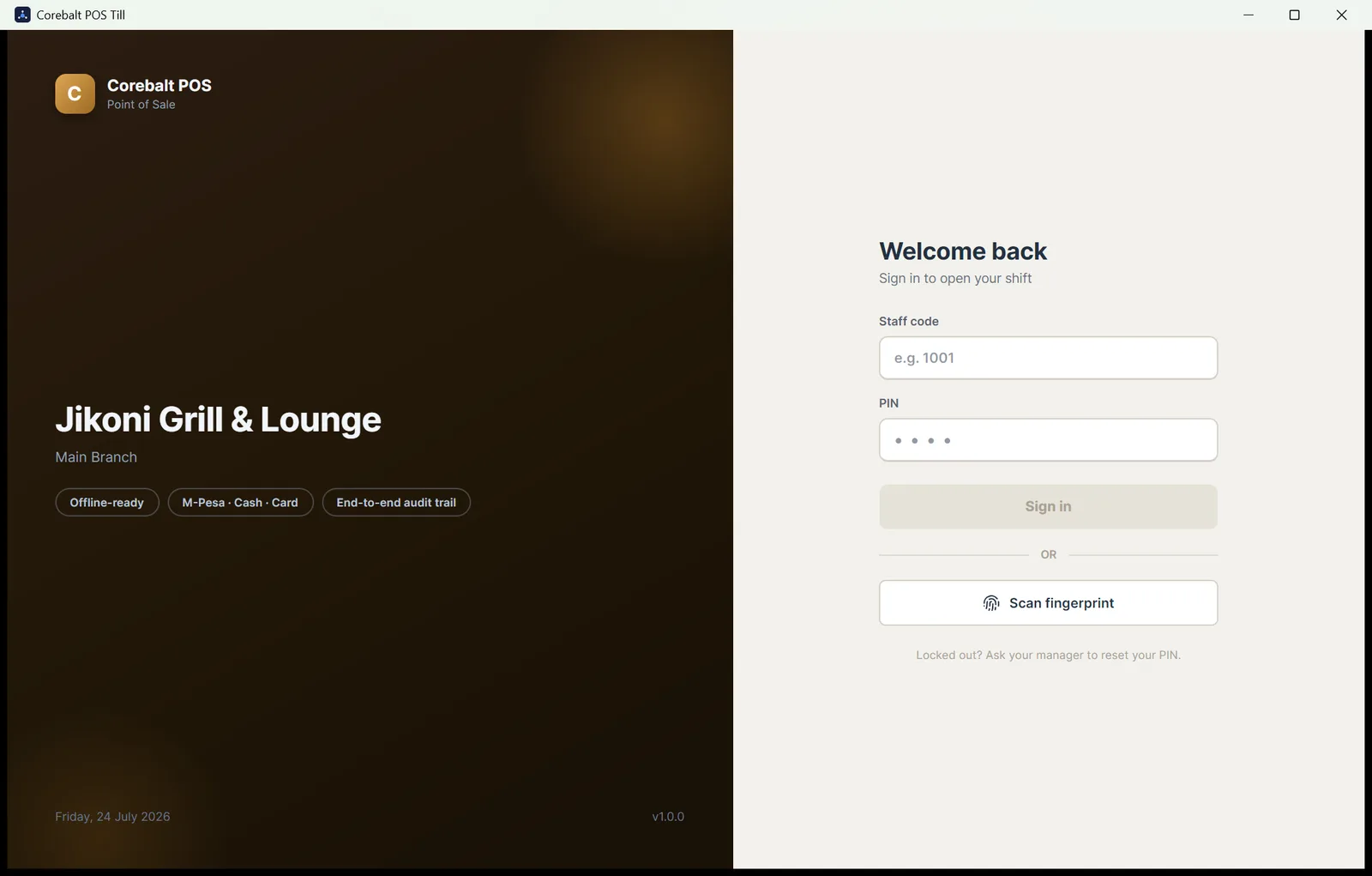 PIN or fingerprint sign-in, themed to your trade